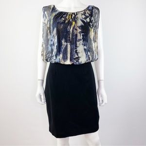 Aidan Mattox Size 6 Black Multicolor Sleeveless Blouson Pencil Dress